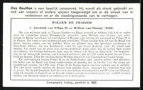 Sammelbild Liebig, Willem de Zwijger, Afscheid van Filips II en Willem van Oranje 1559