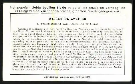 Sammelbild Liebig, Willem de Zwijger, Troonsafstand van Keizer Karel 1555