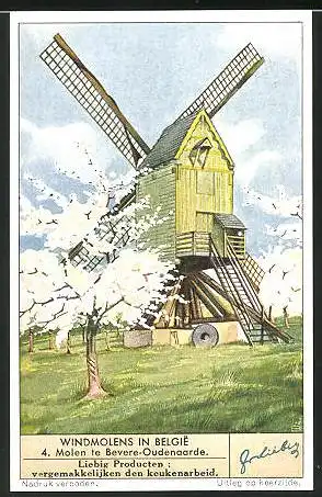 Sammelbild Liebig, Bevere-Oudenaarde, Windmolens in Belgie, Windmühle