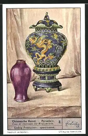 Sammelbild Liebig, Chineesche Kunst, Porselein, Vaas en rookvaas der Ming-periode
