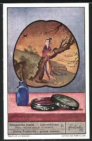 Sammelbild Liebig, Chineesche Kunst, Lakwerkkunst, Doos, Vaas en waaier in lakwerk