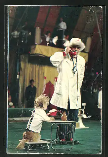 AK Clown im Arztkostüm bei einer Hundedressur in der Zirkusmanege