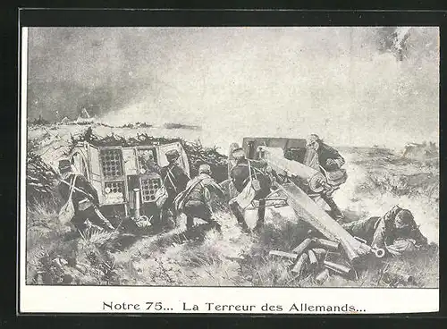 AK Soldaten der Artillerie mit Kanone, Notre 75..., La Terreur des Allemands