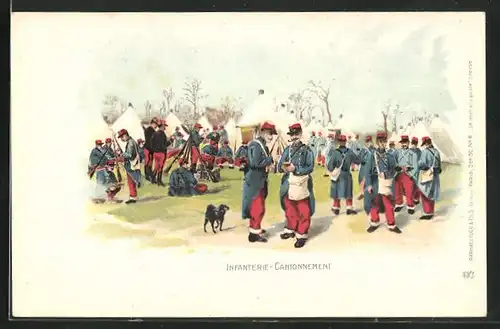 AK Infanterie Cantonnement, Soldaten in Uniform mit Hund