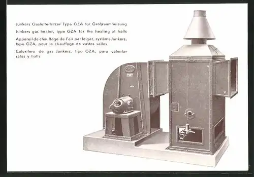 AK Reklame für Junkers Gaslufterhitzer Type GZA für Grossraumheizung