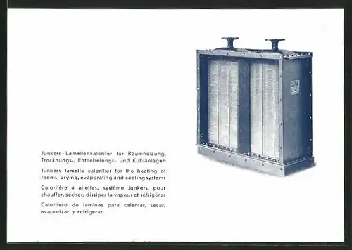 AK Reklame für Junkers-Lamellenkalorifer f. Raumheizung, Trocknungs-, Entneblungs- u. Kühlanlagen