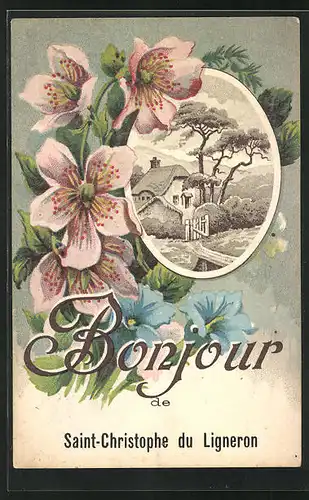 AK Saint-Christophe-du-Ligneron, Blick auf Haus und Pinien, gerahmt von Blumen