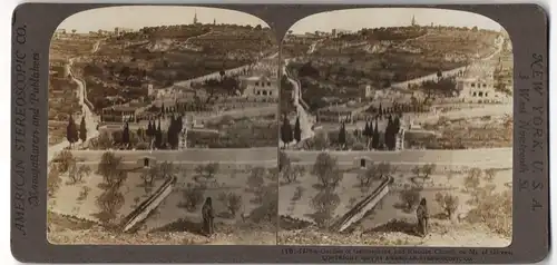 Stereo-Fotografie American Stereoscopic Co., New York, Ansicht Jerusalem, Garten von Gethsemane & Ölberg