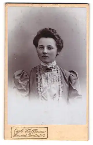 Fotografie Carl Wolffram, Stendal, Portrait junge Dame im hübschen Kleid mit Puffärmeln
