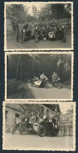 3 Fotografien Motorrad NSU mit Stoye Seitenwagen, Kradfahrer bei einer Ausfahrt