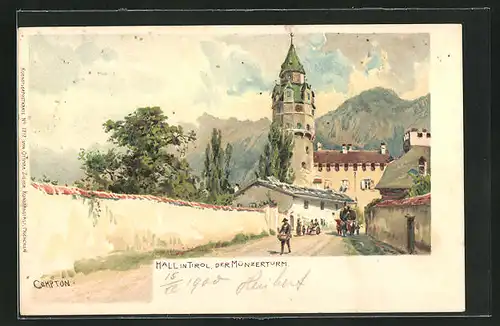 Künstler-Lithographie Edward Theodore Compton: Hall in Tirol, Münzerturm
