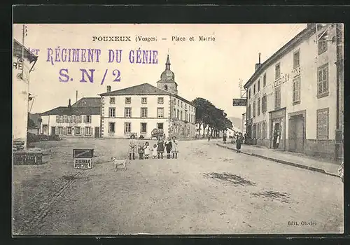 AK Pouxeux, Place et Mairie, Ortspartie