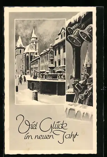 AK Ansbach, Brunnen und Kirche im Winter, Turmbläser, Neujahrsgruss