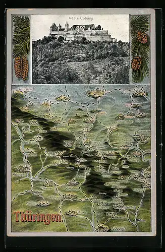 AK Coburg, Veste mit Umgebung, Landkarte Thüringen