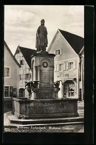 AK Wolframs-Eschenbach, Wolframs-Denkmal und Geschäft F. Leng