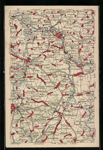 AK Waldheim, Landkarte der Umgebung, mit Döbeln und Mittweida