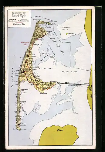 AK Kampen, Landkarte der Insel Sylt mit Hindenburg Damm