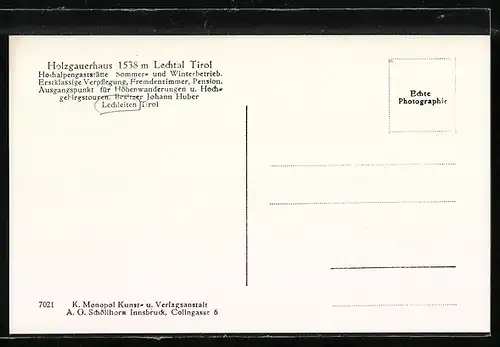 AK Lechleiten, Holzgauerhaus im Lechtal, Hochalpengaststätte, Bes. Johann Huber