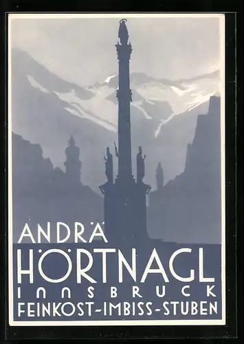 Künstler-AK Innsbruck, Feinkost-Imbiss-Stuben von Andrä Hörtnagl, Claudiaplatz 1, Reklame