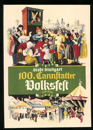 Künstler-AK Cannstatt, 100. Volksfest 1935, Kasperltheater, Karussells, Buden und Festzelt