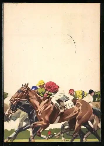 Künstler-AK Ludwig Hohlwein: Hoppegarten, Vollblutpferde kämpfen um den grossen Preis der Reichshauptstadt