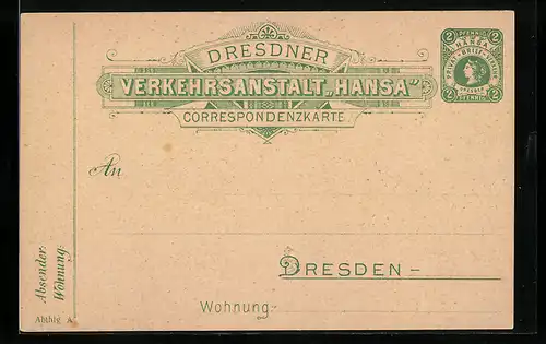 AK Dresden, Verkehrsanstalt Hansa, Private Stadtpost, 2 Pfg.