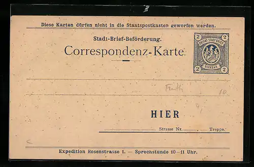 AK Stadt-Brief-Beförderung, Correspondenz-Karte, Private Stadtpost, Expedition Rosenstrasse 1