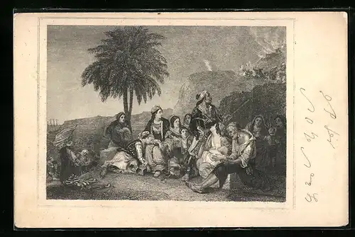 Lithographie Frankfurtia, Private Stadtpost, Geflohene vor brennender Stadt