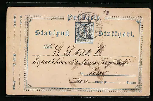 AK Stuttgart, Private Stadtpost, Drei Pfennig, Vorläufer 1892