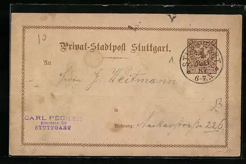 AK Stuttgart, Private Stadtpost, Zwei Pfennig, Carl Pecher, Rosenstr. 35, Vorläufer 1887