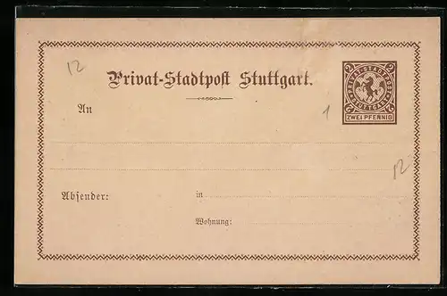 AK Stuttgart, Private Stadtpost, 2 Pfg.