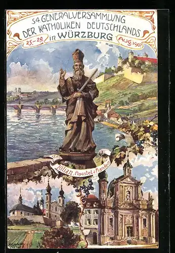 Künstler-AK Würzburg, Ganzsache Bayern PP 15C 139, 54. Generalvers. der Katholiken Deutschlands 1907, St. Kilian