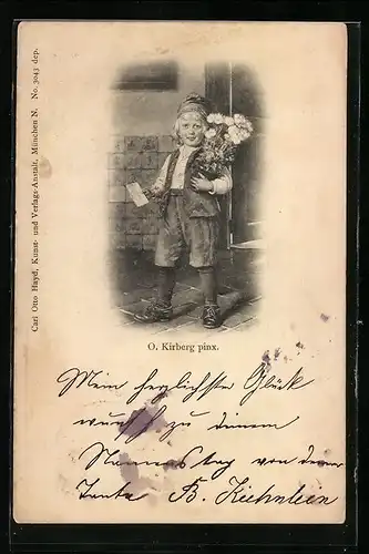 Künstler-AK sign. Kirberg: Junge mit Blumen, Private Stadtpost