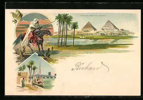 Lithographie Gizeh, Pyramiden, Beduinen-Krieger, Partie am Nil