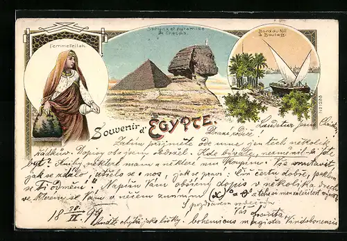 Lithographie Gizeh, Sphynx et pyramide de Cheops, Bords du Nil à Boulag, Femme Fellah