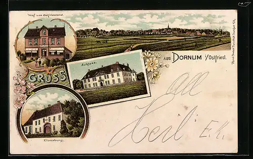 Lithographie Dornum i. Ostfriesl., Hotel Hof von Ostfriesland, Zionsburg, Schloss