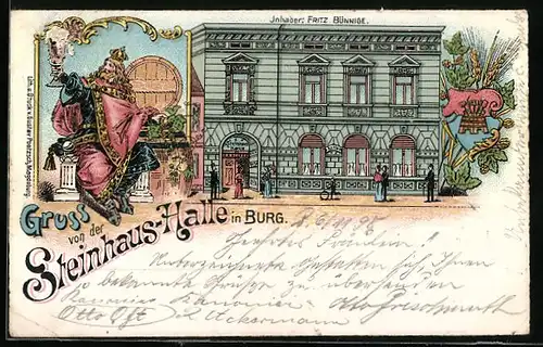 Lithographie Burg / Anhalt, Gasthaus Steinhaus-Halle mit Wappen