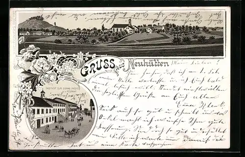 Lithographie Neuhütten, Gasthof zur Sonne und Postamt, Ortsansicht