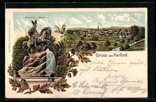 Lithographie Herford, Wittekind Denkmal, Ortsansicht