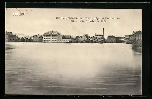 AK Coburg, Die Callenberger- und Raststrasse im Hochwasser 1909