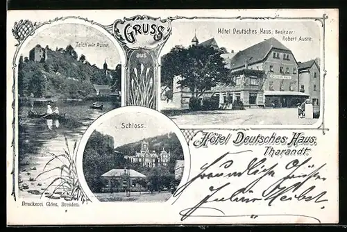 AK Tharandt, Hotel Deutsches Haus, Teich mit Ruine und Schloss