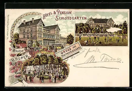 Lithographie Herrenhausen, Hotel und Pension Schlossgarten H. Hüper