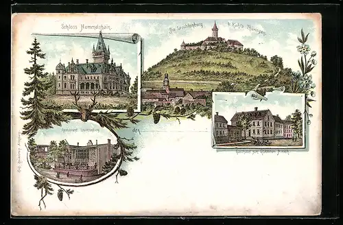 Lithographie Kahla, Gasthaus zum Goldenen Hirsch, Restaurant Leuchtenburg, Schloss Hummelshain