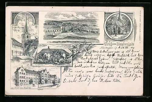 Lithographie Blankenhain, Altes Schloss, Kirche mit Kriegerdenkmal