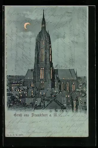 AK Alt-Frankfurt, Dom, Halt gegen das Licht mit leuchtenden Fenstern