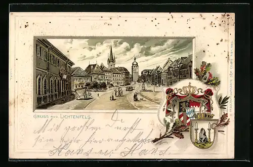 Passepartout-Lithographie Lichtenfels, Strassenpartie im Zentrum, Wappen