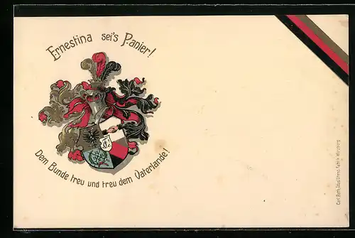 Präge-Künstler-AK Coburg, Ernestina sei`s Panier, Ritterhelm mit Studentenwappen