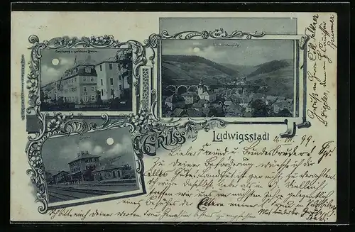 Mondschein-AK Ludwigsstadt, Gasthaus zum goldnen Löwen, Bahnhof, Gesamtansicht