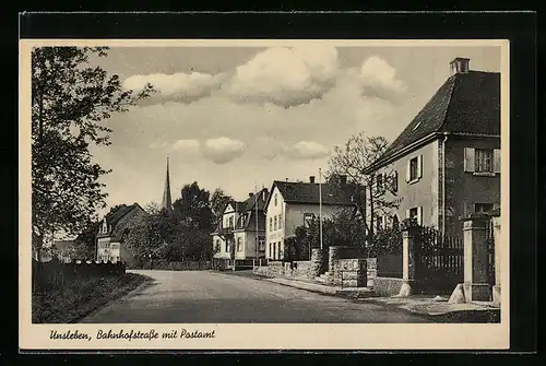 AK Unsleben, Bahnhofstrasse mit Postamt, Gasthaus zur Krone