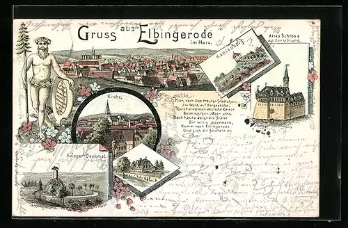 Lithographie Elbingerode im Harz, Altes Schloss vor der Zerstörung, Kirche, Krieger-Denkmal